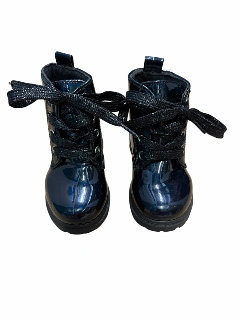 Kids Black Patent Lace-Up Combat Boots Size 6